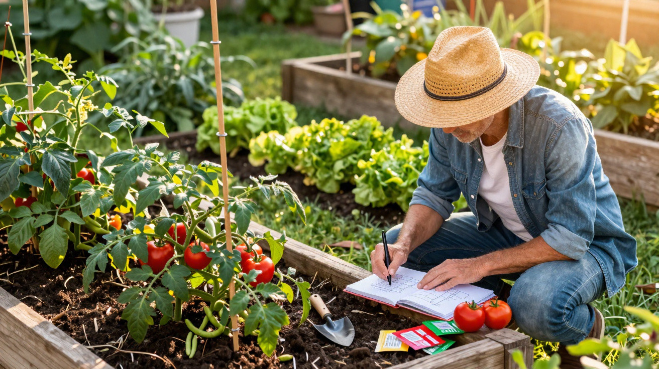 Homem com chapéu de palha a registar plantas num caderno numa horta com tomates maduros e alfaces.