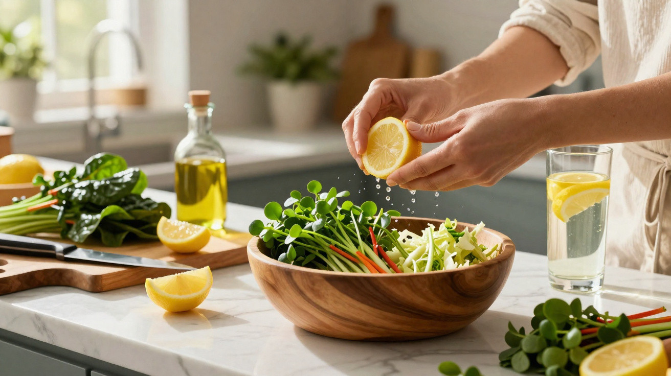 Pessoa a espremer limão sobre salada fresca numa taça de madeira numa cozinha iluminada.
