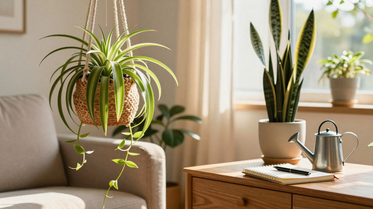 Plantas em vaso decorativo com jarro de rega e caderno numa sala iluminada por luz natural.