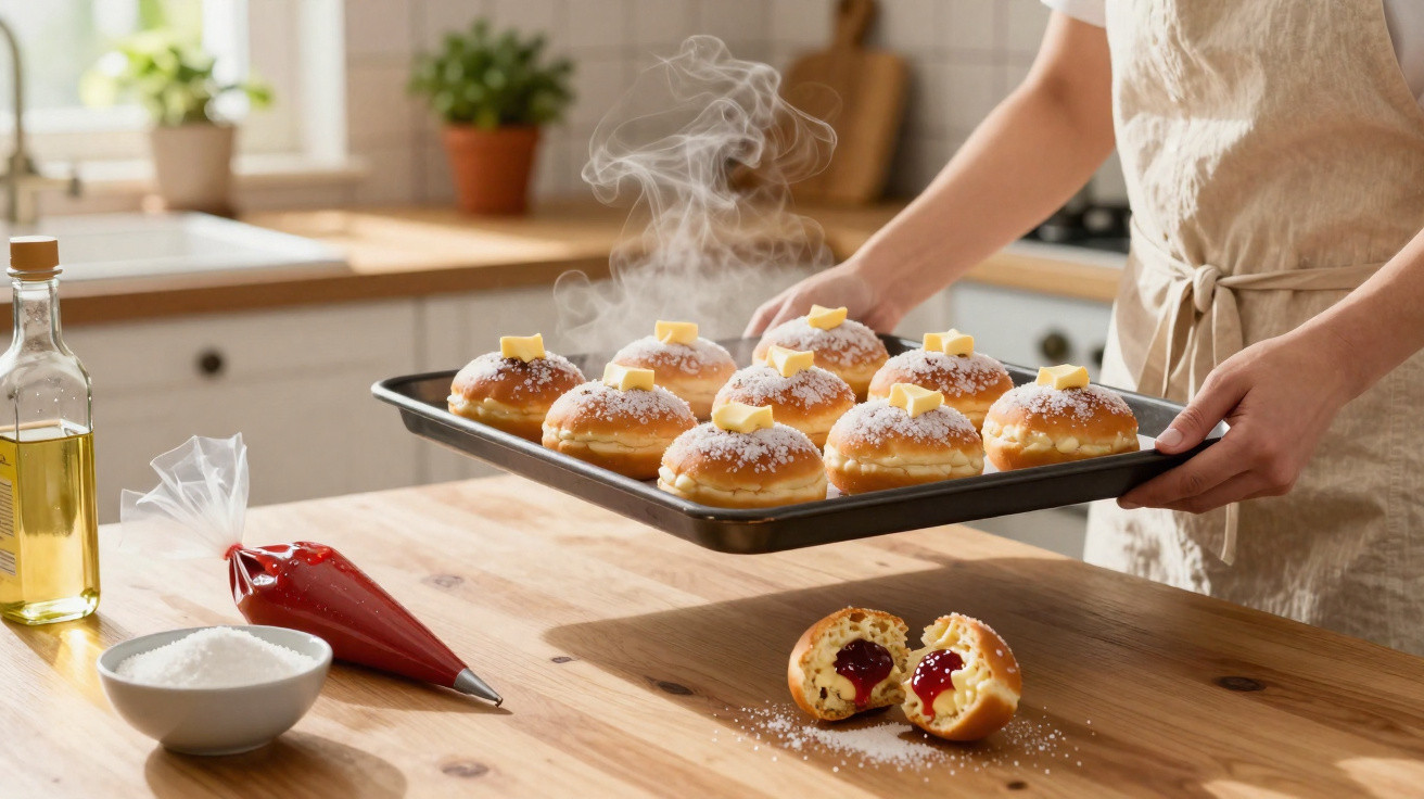 Pessoa a segurar tabuleiro com pãezinhos doces com açúcar e manteiga, na cozinha iluminada e organizada.