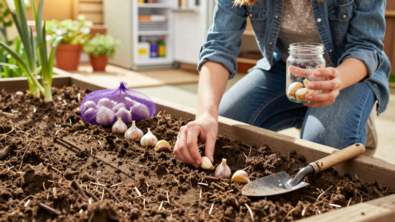 Pessoa a plantar dentes de alho numa caixa de cultivo com terra em ambiente interior.
