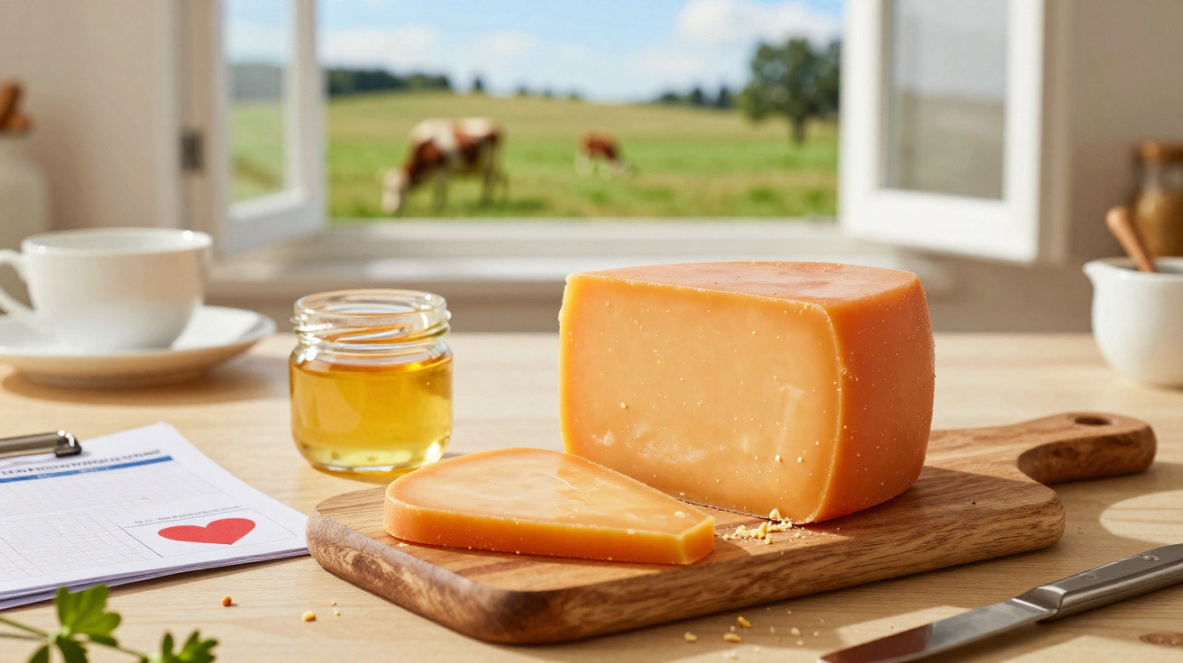 Queijo cortado numa tábua com um frasco de mel, chá e janela aberta com vacas no campo ao fundo.