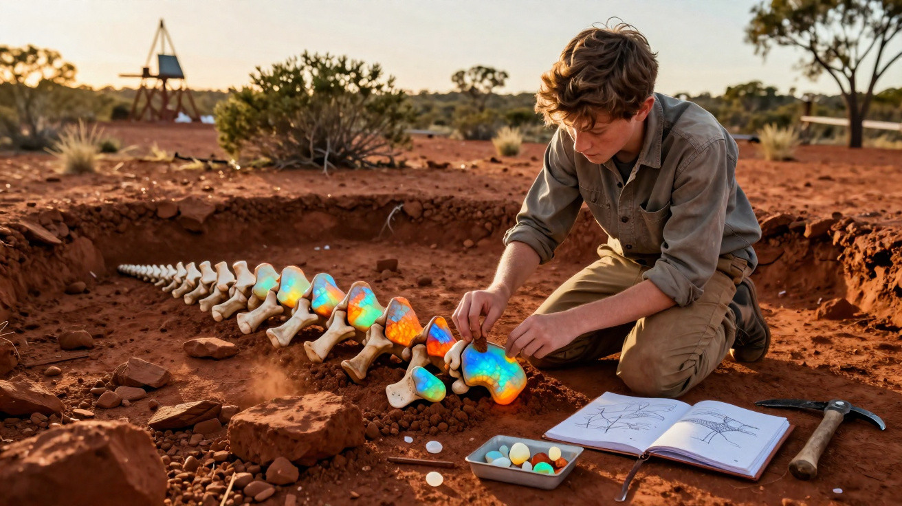 Jovem escavando fósseis brilhantes no deserto, com ferramentas e caderno ao lado.