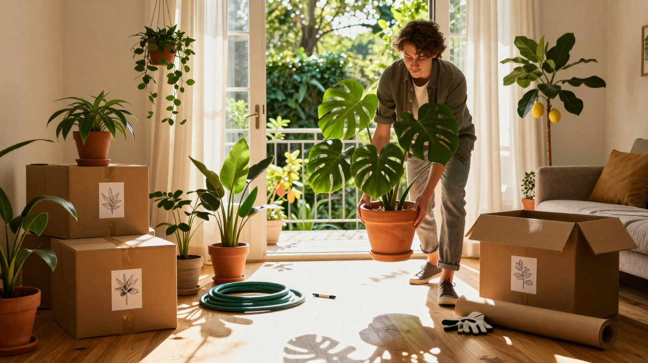 Pessoa a cuidar de plantas em vaso dentro de casa com caixas e luz natural a entrar pela porta aberta.