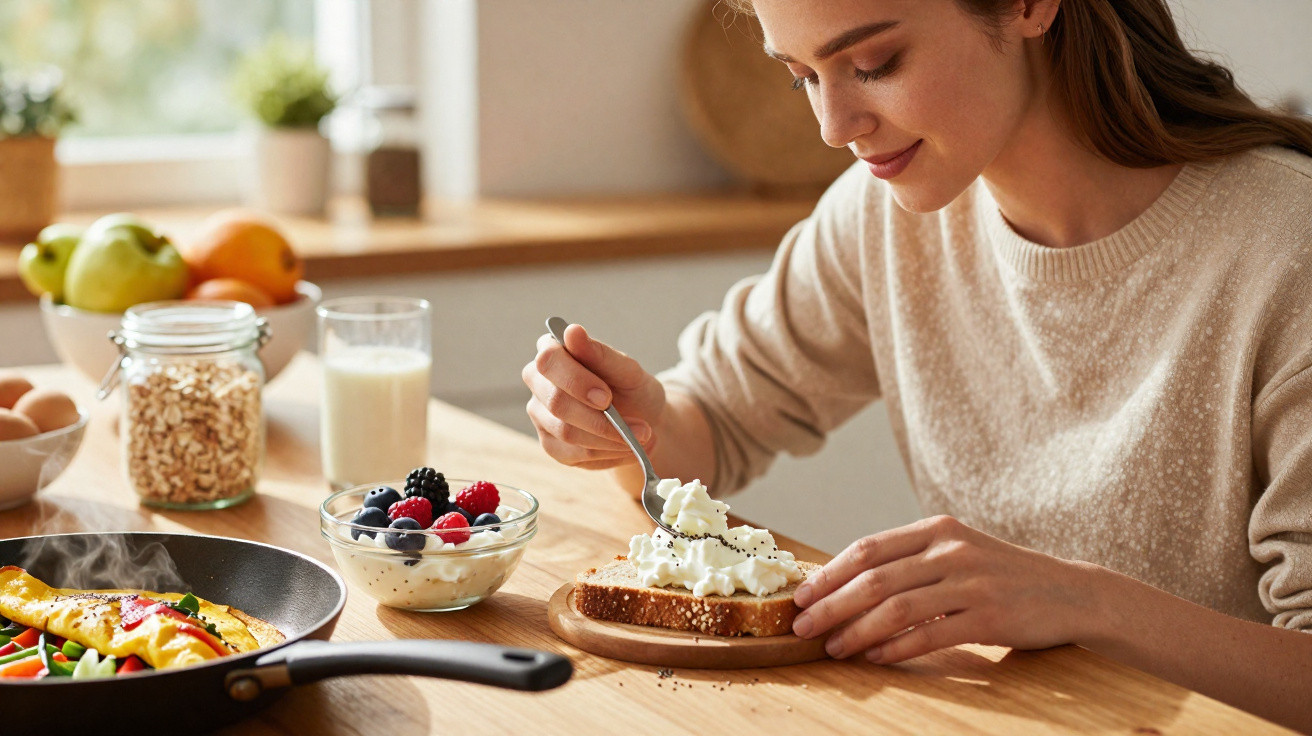 Mulher a preparar torrada com creme e sementes, com frutas, omelete e copo de leite na mesa de madeira.