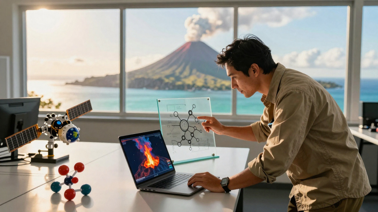 Homem a analisar modelos moleculares e erupção vulcânica vista através da janela de laboratório.