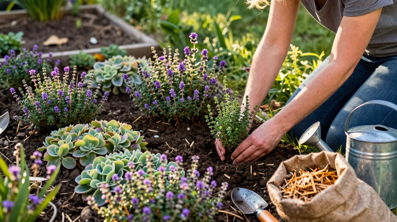 Pessoa a plantar ervas aromáticas num jardim com flores e regador ao lado.