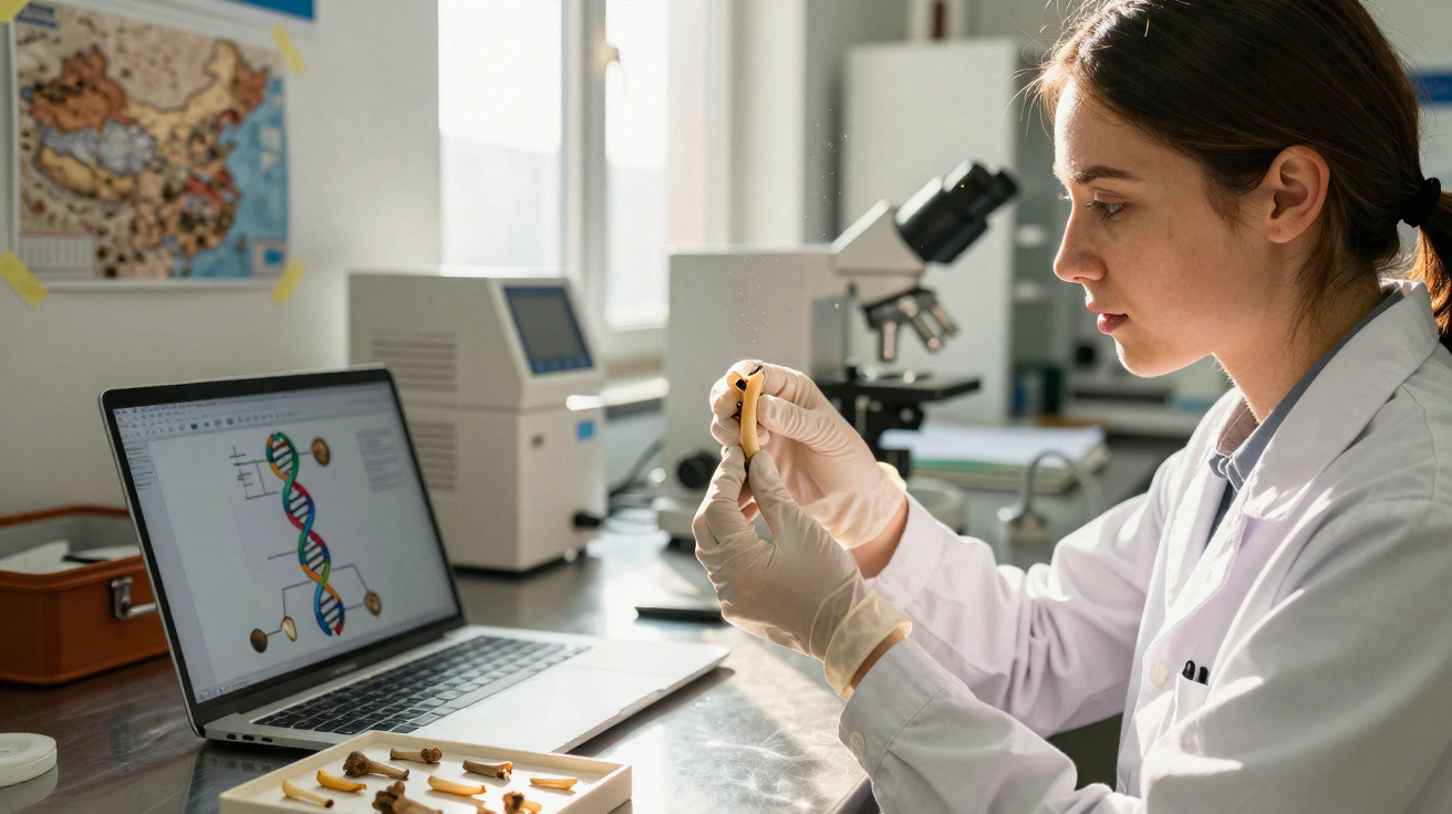 Cientista a analisar ossos fósseis numa bancada de laboratório com microscópio e DNA no computador.