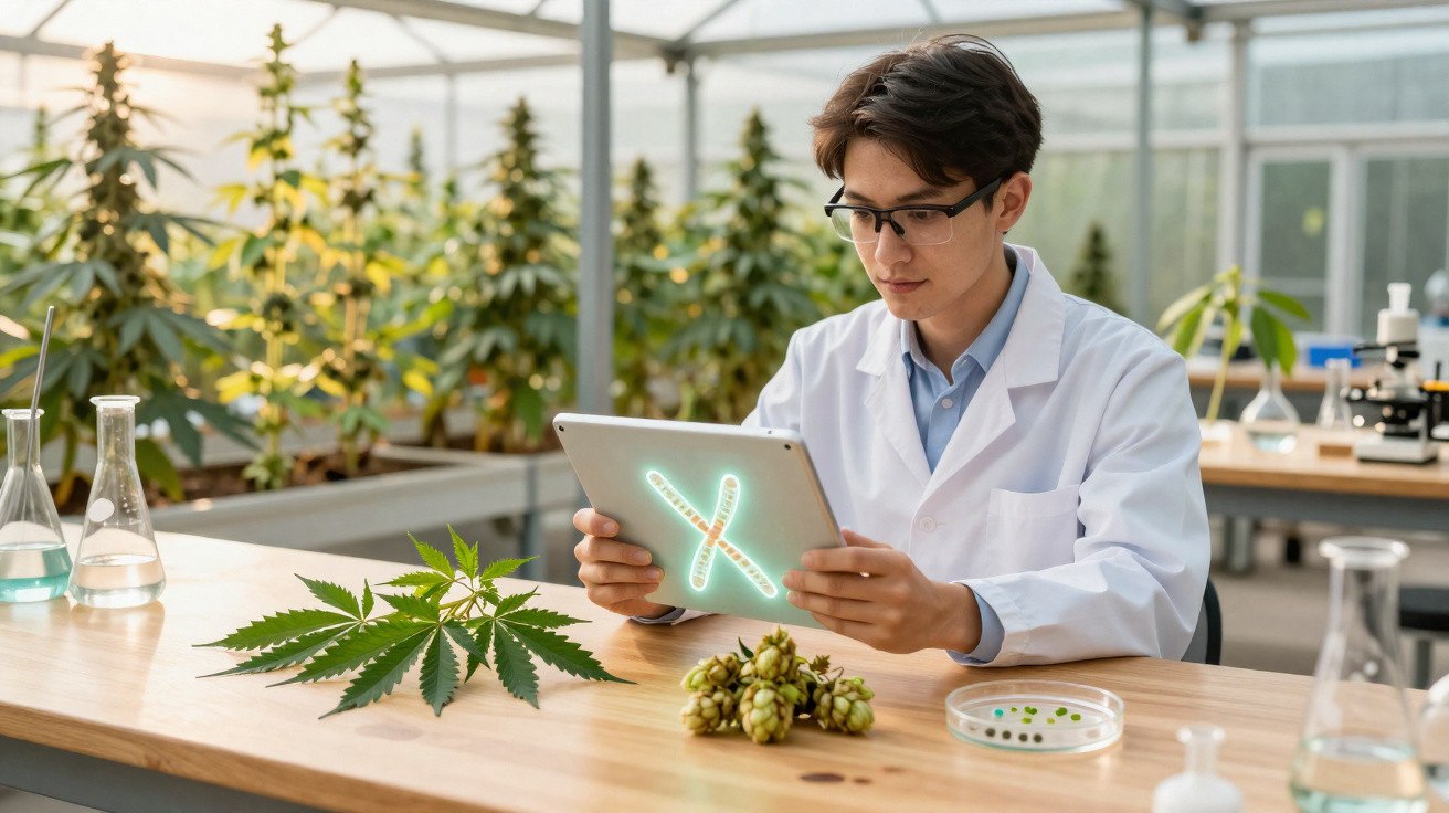 Cientista com bata branca examina tablet enquanto faz pesquisa com plantas e amostras num laboratório verde.