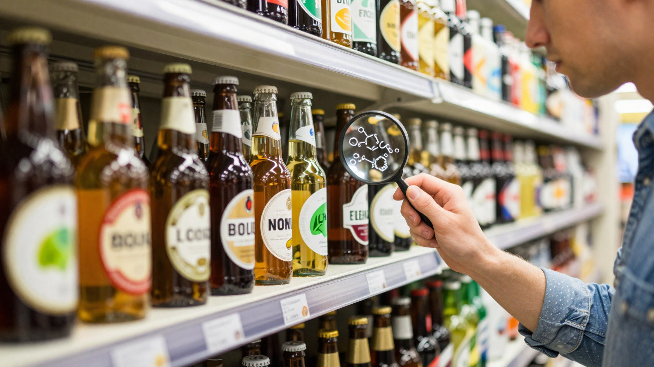 Homem numa loja a examinar rótulos de cervejas na prateleira com uma lupa.