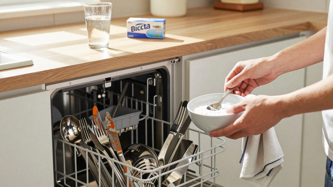 Pessoa a colocar detergente em pó numa máquina de lavar loiça aberta numa cozinha moderna.