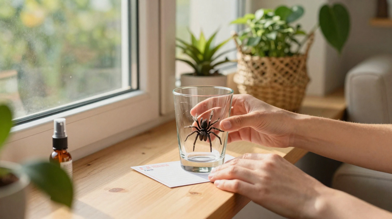 Mãos a conter uma aranha preta dentro de um copo transparente numa janela com plantas ao fundo.