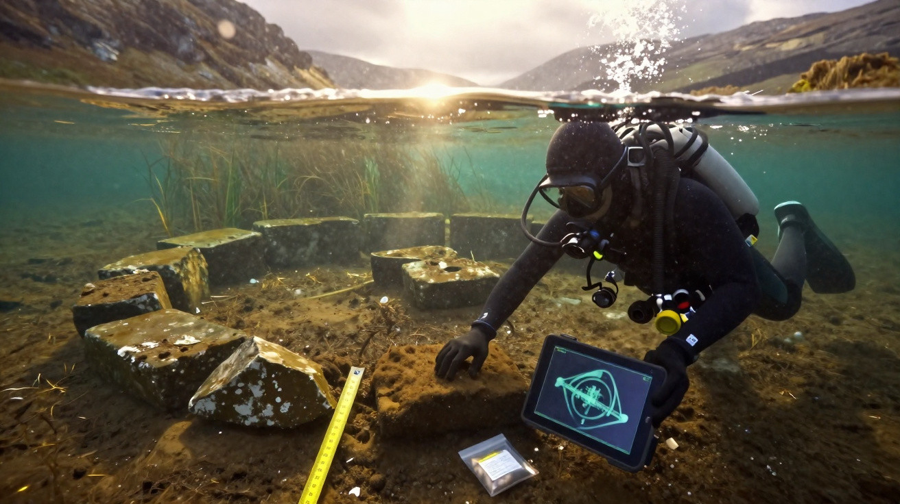 Mergulhador arqueólogo examina ruínas subaquáticas circulares com equipamento e tablet num lago de montanha.