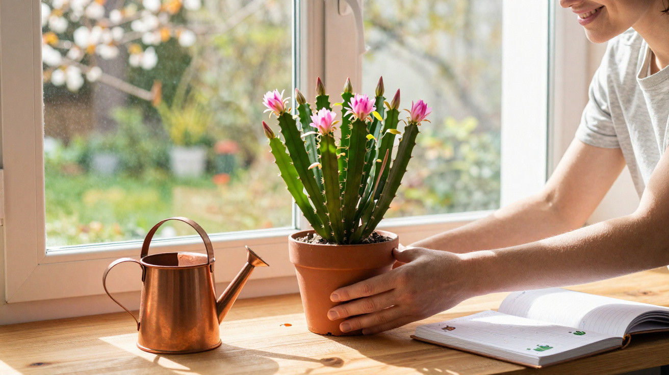 Pessoa a cuidar de cacto com flores cor-de-rosa junto a regador em janela com luz natural.