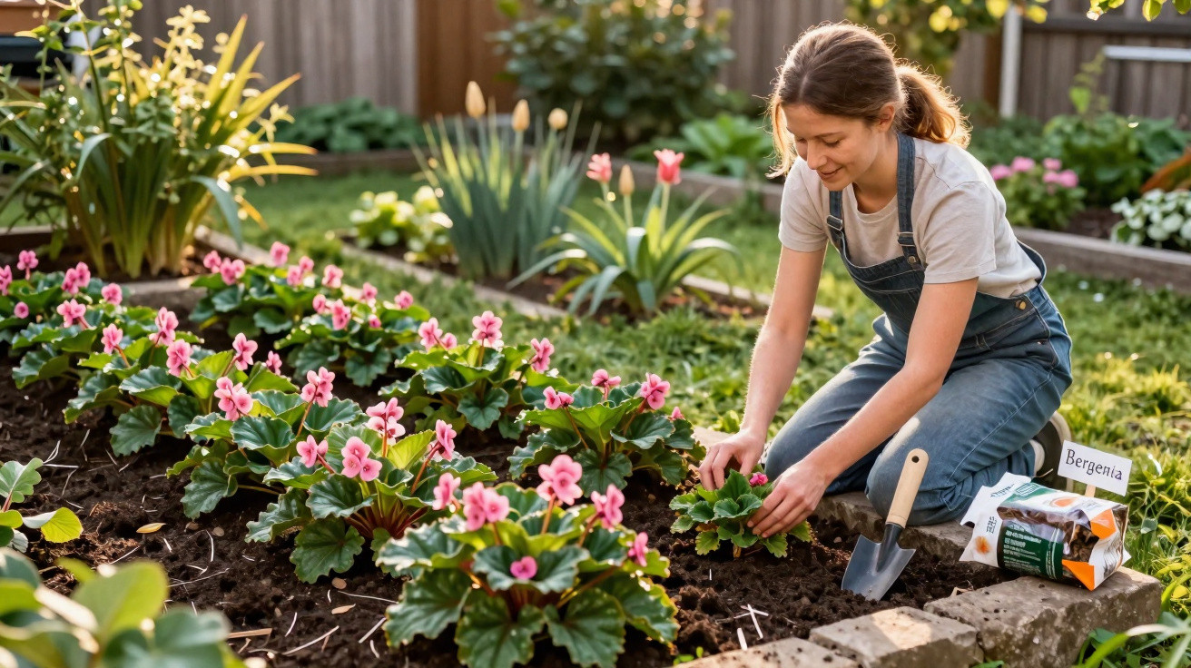 Mulher a cuidar de flores de begónia num jardim com terra e ferramentas ao lado.