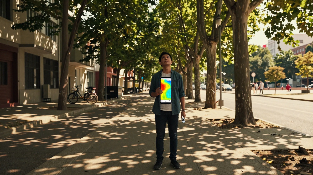 Jovem parado na calçada sob árvores, a segurar um tablet com imagem térmica colorida.