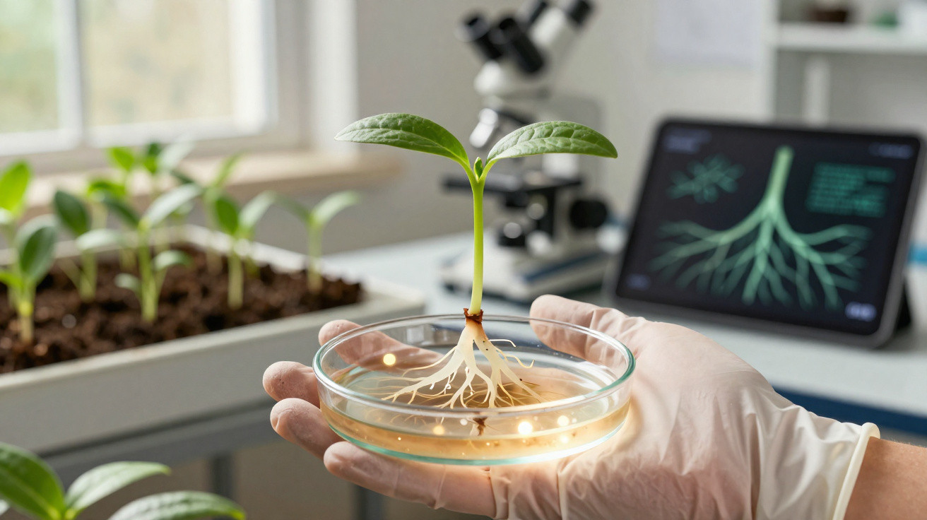 Mão com luva segura uma planta jovem em placa de Petri com raízes visíveis, laboratório ao fundo.
