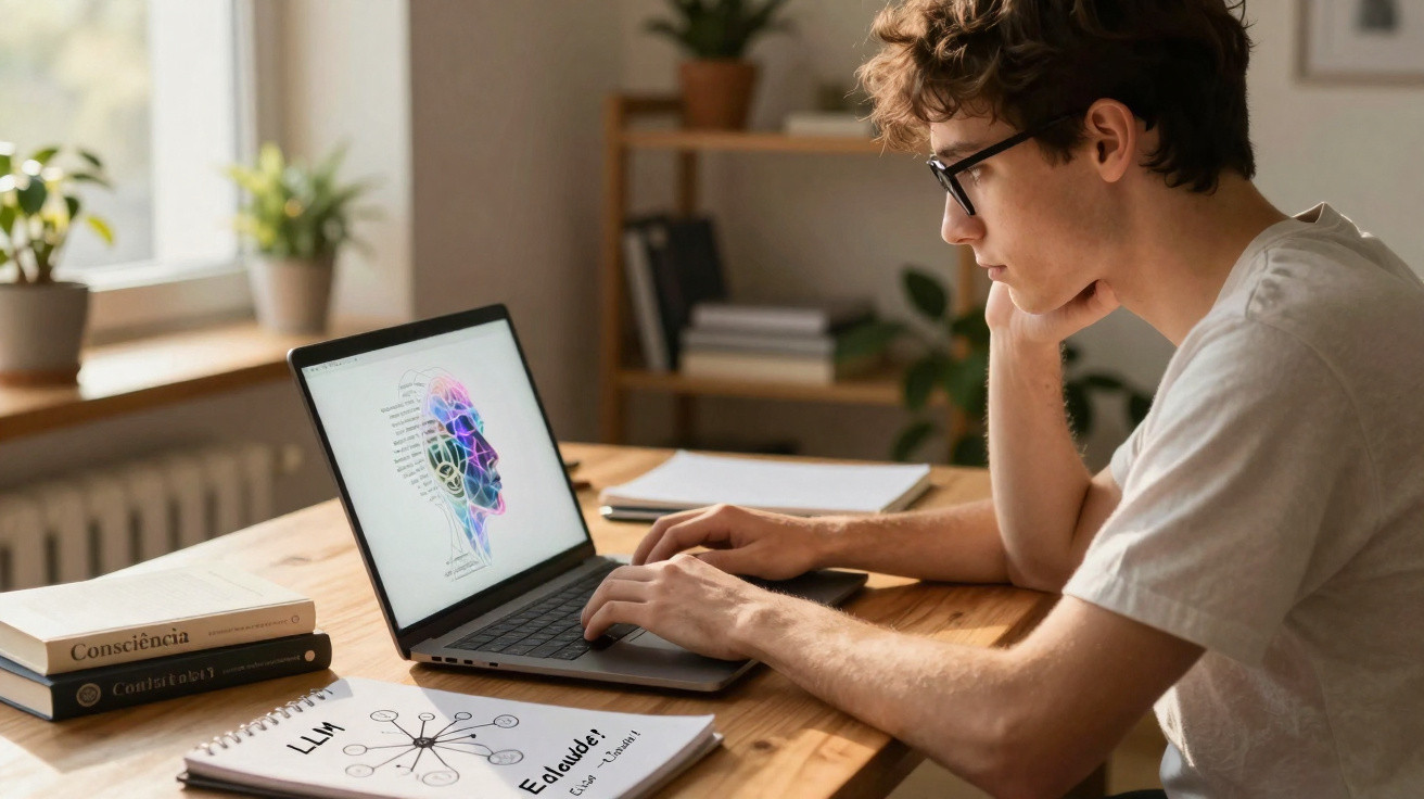 Jovem a estudar neurociência em laptop com livros e anotações sobre inteligência artificial numa mesa de madeira.