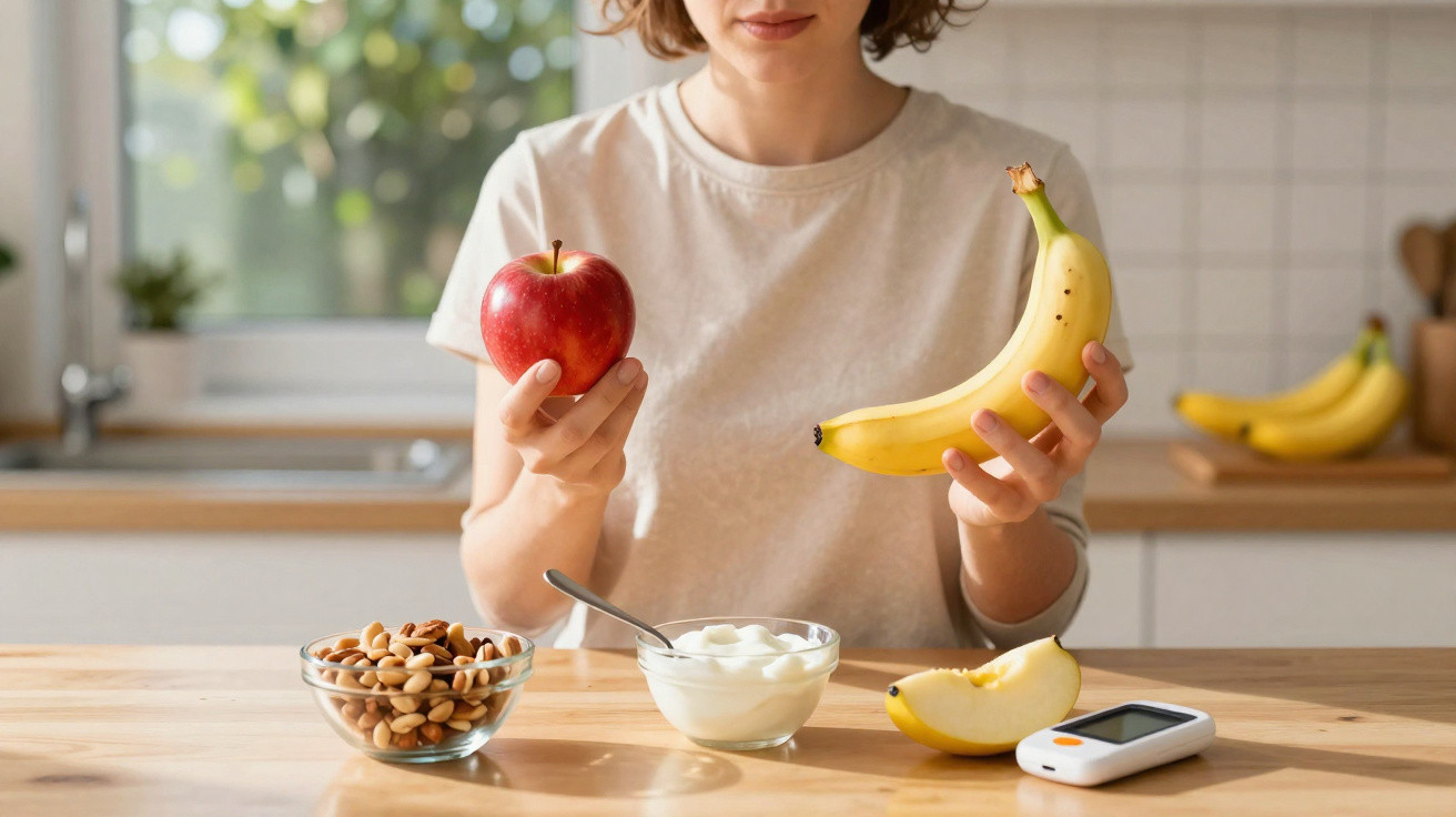 Pessoa segurando uma maçã vermelha e uma banana, com iogurte, frutos secos e medidor de glicose sobre a mesa.