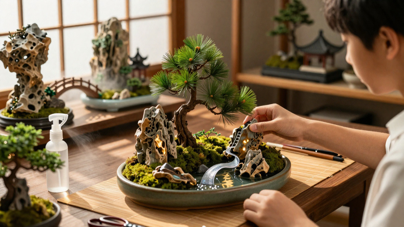 Pessoa a montar um jardim japonês em miniatura com árvore, pedras e riacho numa mesa de madeira.