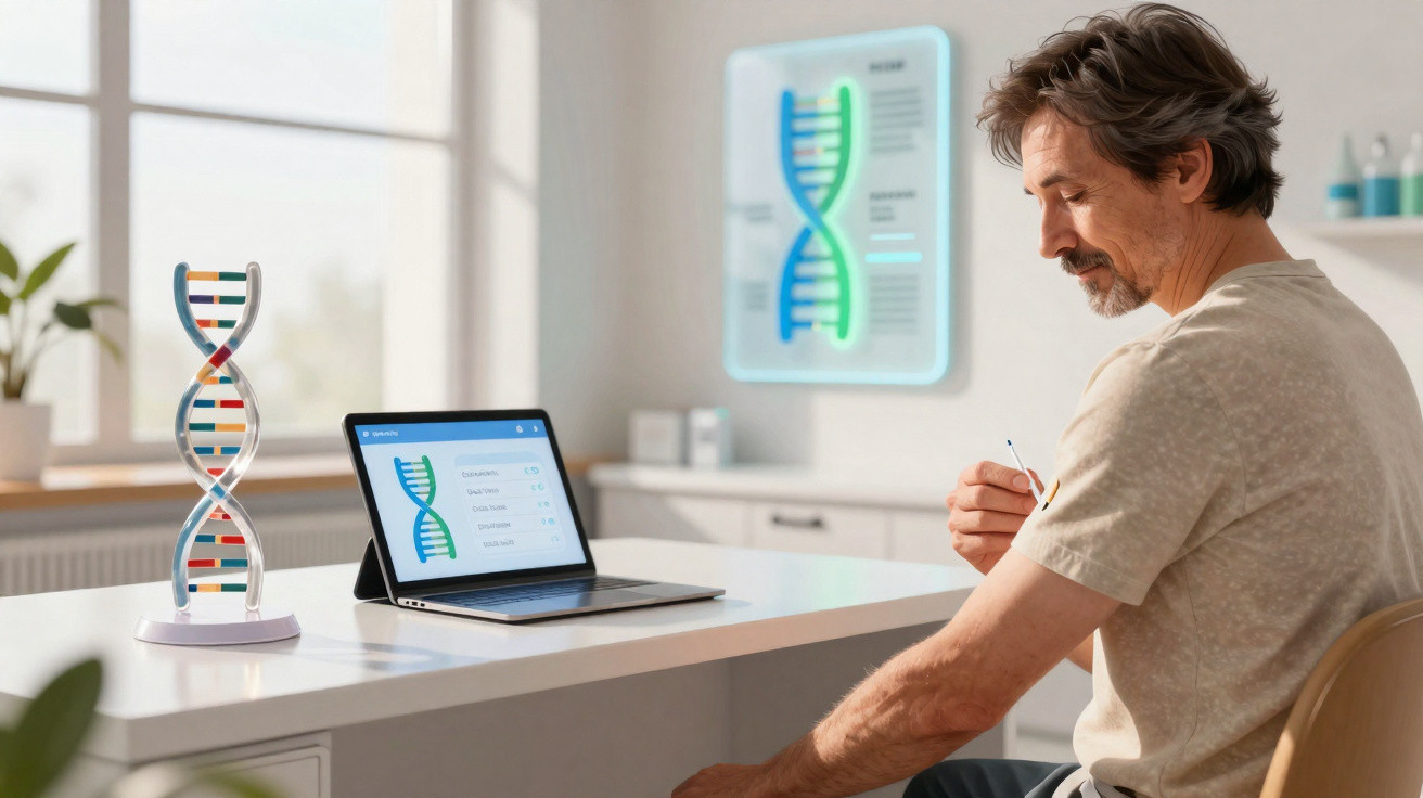Homem sentado num escritório moderno a analisar teste genético no braço com laptop e modelo DNA na mesa.