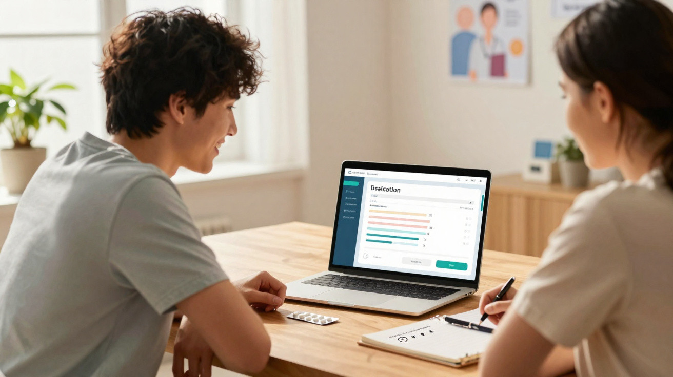 Jovem a consultar resultados no ecrã de um portátil com uma profissional a fazer anotações num bloco.