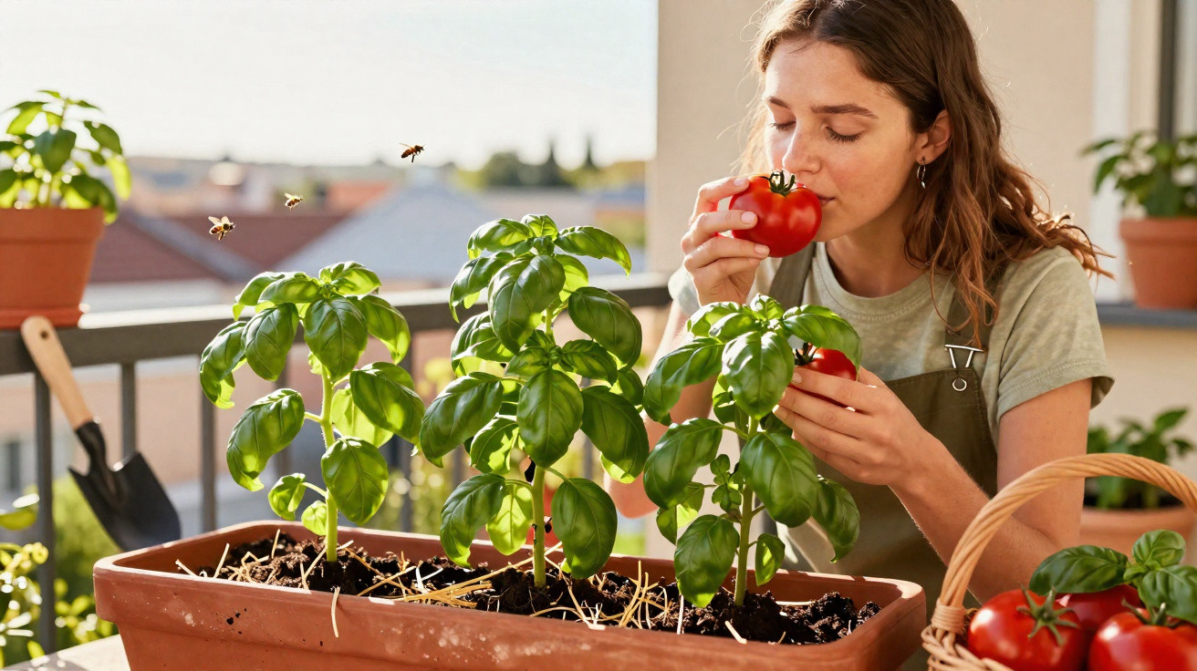 Mulher cheira tomate maduro num vaso, ao lado de manjericos numa varanda ensolarada.