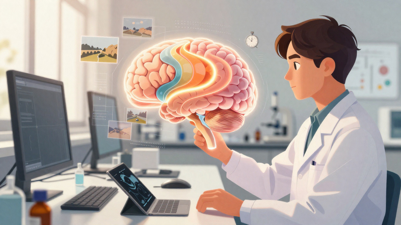 Cientista em laboratório a analisar imagem 3D colorida do cérebro humano com ecrã digital à frente.