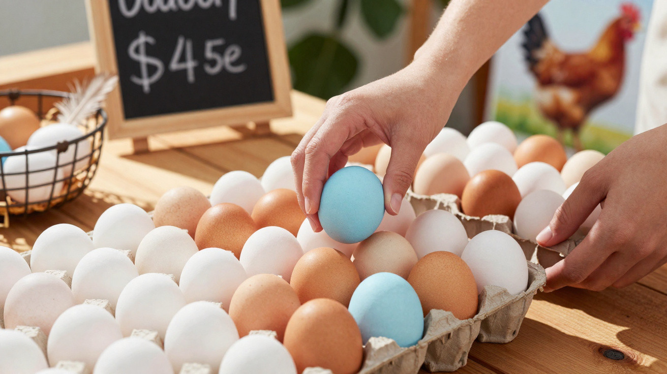 Pessoa a escolher ovo azul entre ovos brancos e marrons em tabuleiro de cartão numa banca de ovos.
