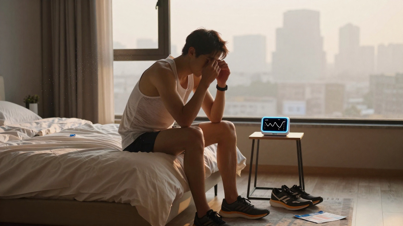 Homem sentado na cama, com expressão cansada, num quarto com vista para a cidade ao amanhecer.