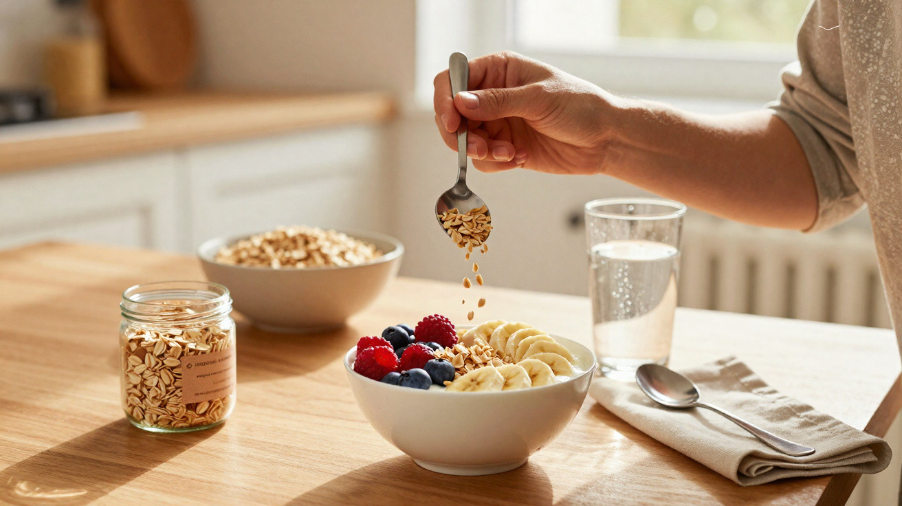 Mão a polvilhar granola sobre taça de iogurte com banana, frutos vermelhos e mirtilos numa mesa de madeira.
