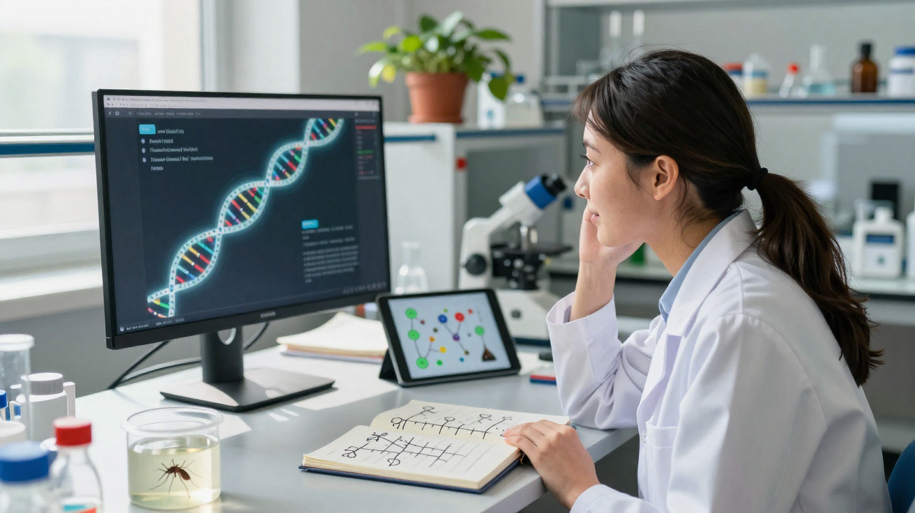 Cientista de laboratório a analisar sequência de DNA no ecrã e anotações num caderno.