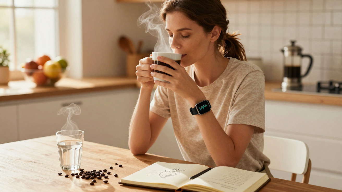 Mulher jovem a beber café quente sentada à mesa com caderno aberto numa cozinha luminosa.