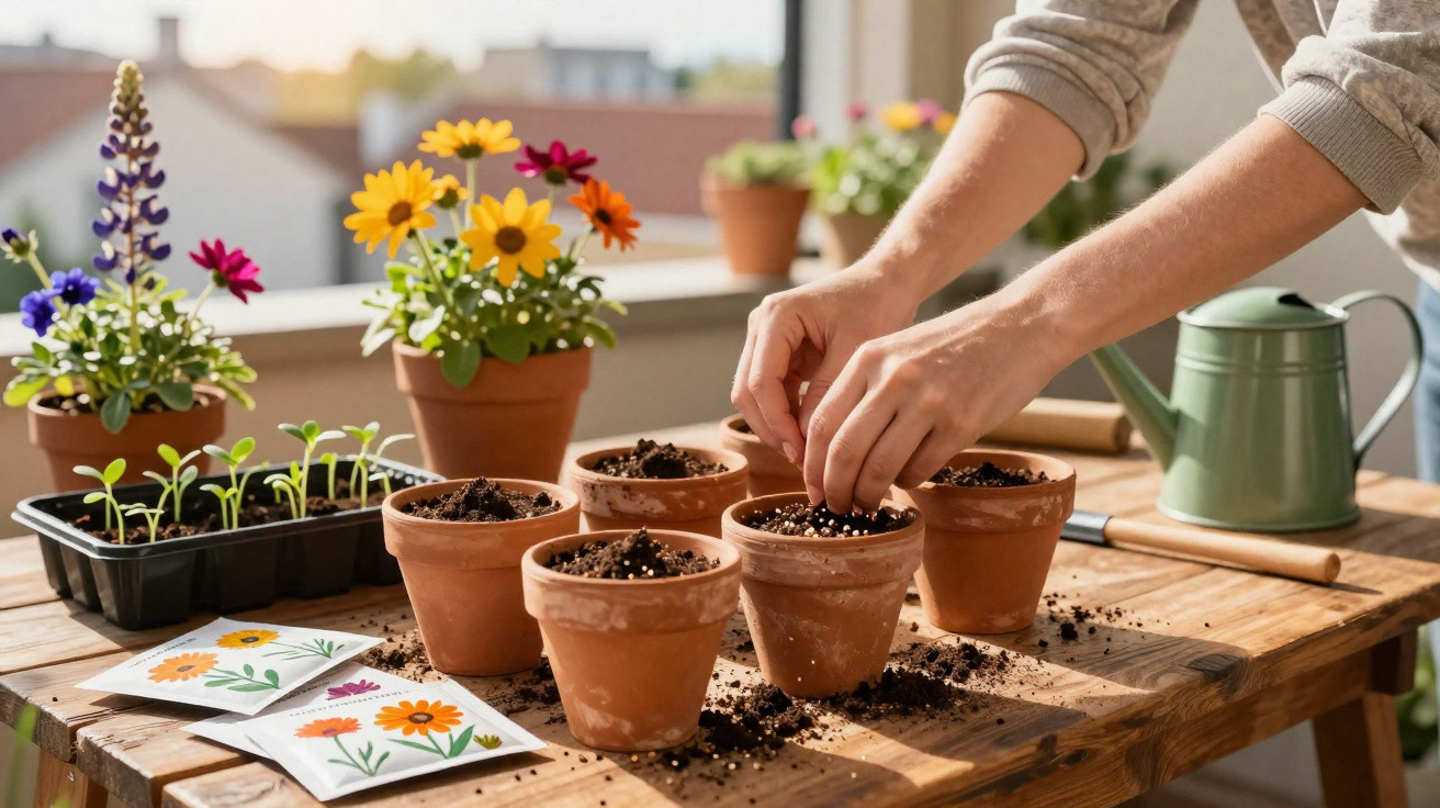 Mãos a plantar sementes em vasos de barro sobre uma mesa de madeira com ferramentas e flores coloridas.