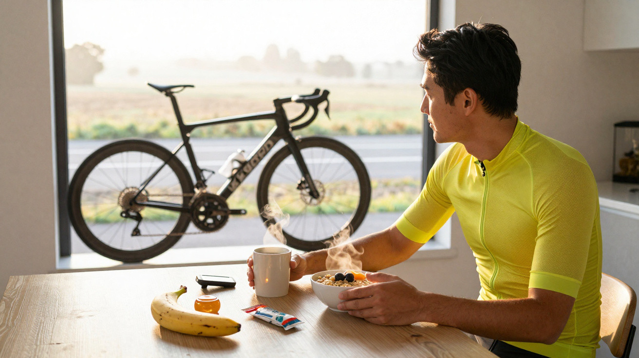 Homem com roupa de ciclismo toma pequeno-almoço junto a uma mesa com bicicleta ao fundo.