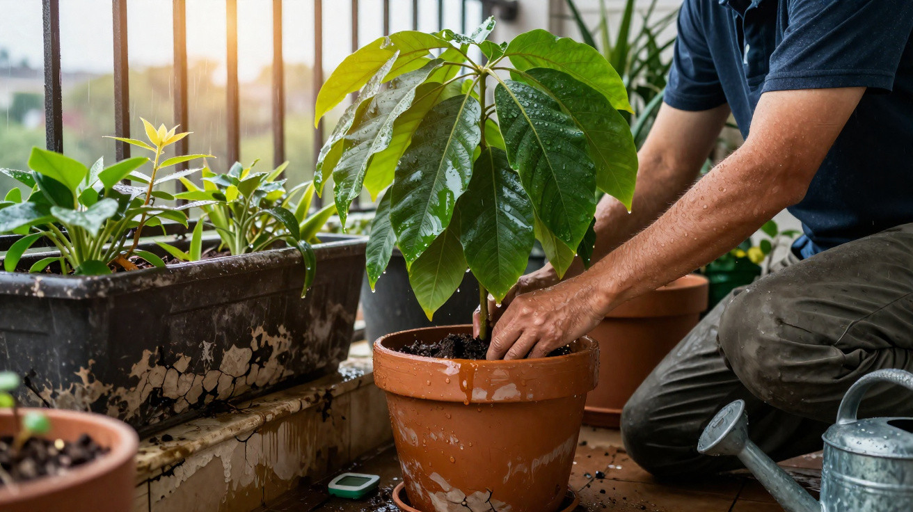Pessoa a plantar árvore jovem em vaso de barro num espaço interior com outras plantas e regador metálico.