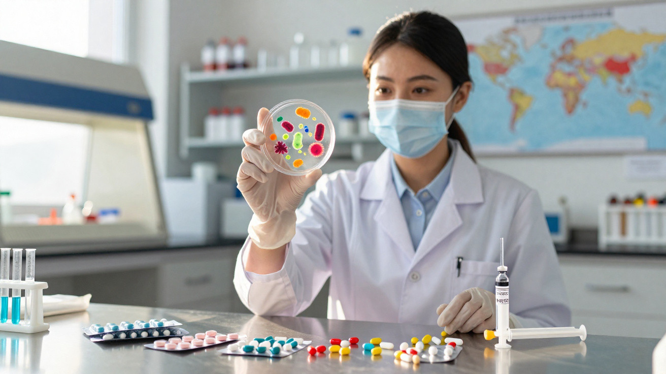 Cientista com máscara e bata branca examina placa de Petri com bactérias coloridas no laboratório.