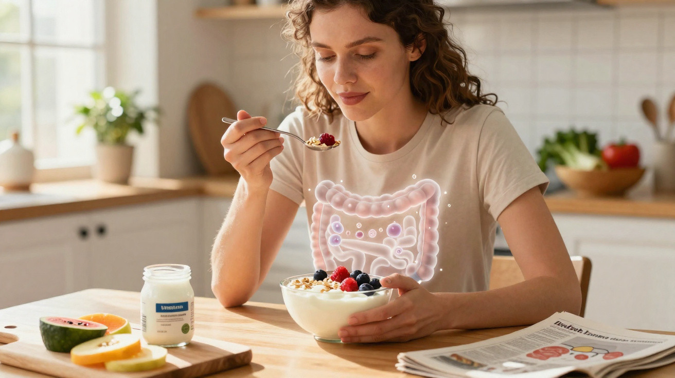 Mulher a comer iogurte com frutas e cereais na cozinha, com ilustração do sistema digestivo.