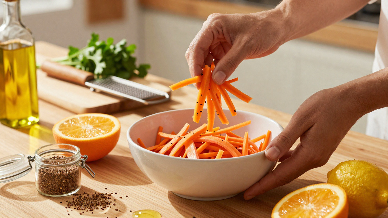 Mãos a temperar palitos de cenoura numa taça branca com limão, sementes e azeite numa bancada de cozinha.