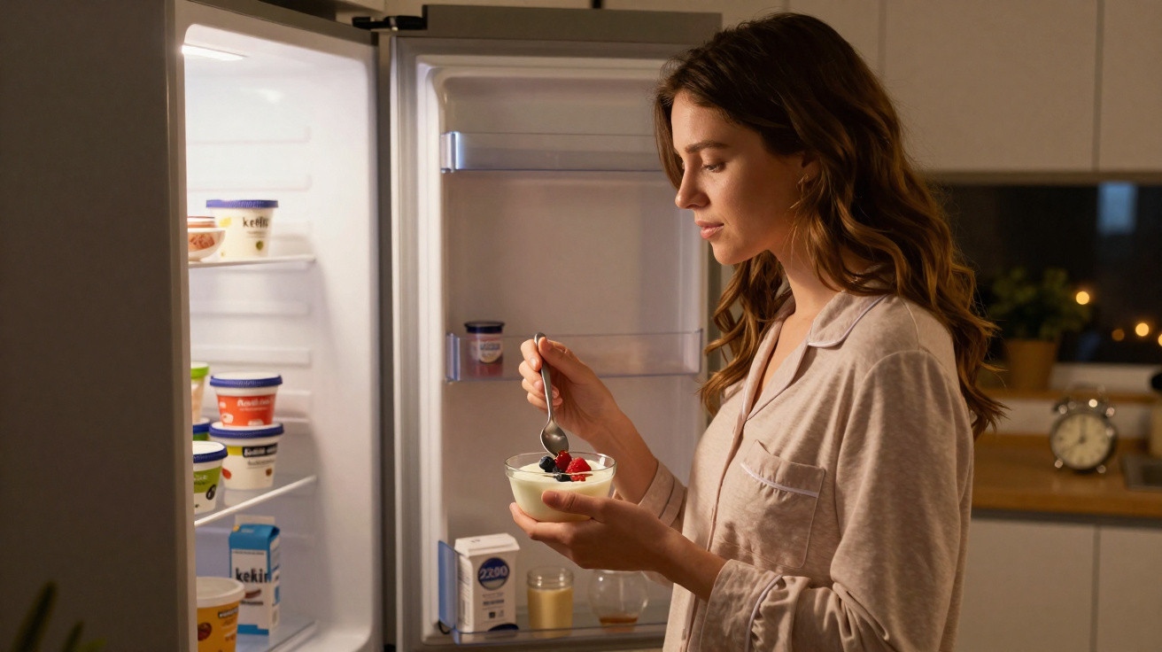 Mulher em pijama a comer iogurte com frutos vermelhos junto a frigorífico aberto numa cozinha.