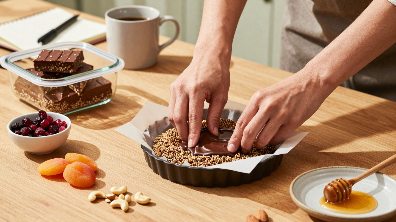 Mãos a decorar uma tarteira com chocolate e sementes, rodeada de frutas secas, chocolate, café e mel sobre mesa de madeira.
