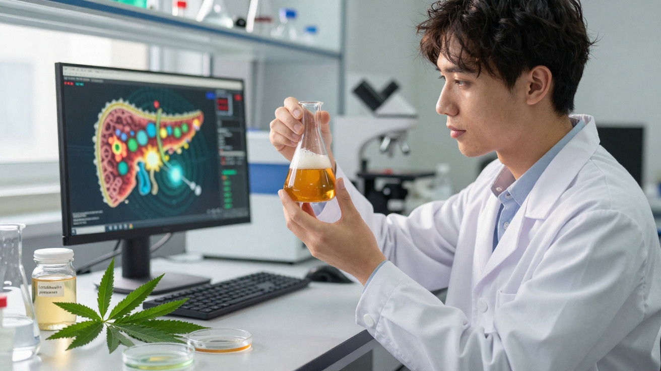 Cientista analisa líquido em laboratório com imagem de fígado e folha de cannabis na mesa.