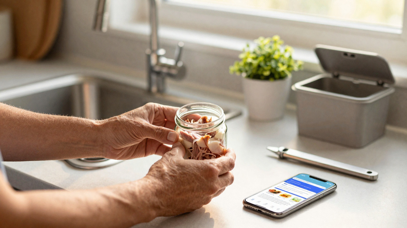 Mãos seguram frasco com comida na cozinha, ao lado de telemóvel e recipiente de resíduos orgânicos.