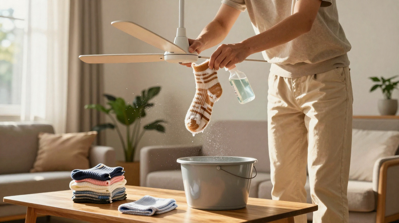 Pessoa a limpar meias com spray junto a balde num ambiente doméstico iluminado com sofá e plantas.