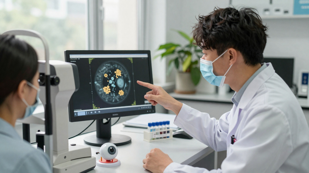 Dois profissionais de saúde com máscaras analisam imagens médicas num ecrã num ambiente clínico.