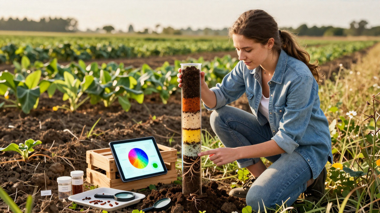 Jovem analisando diferentes camadas de solo num campo agrícola com tablet e equipamento de estudo.