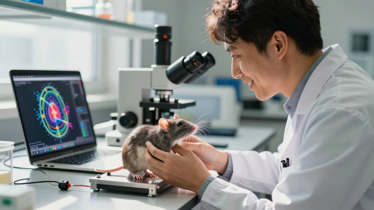 Cientista em laboratório segura rato enquanto analisa dados no computador e usa microscópio.