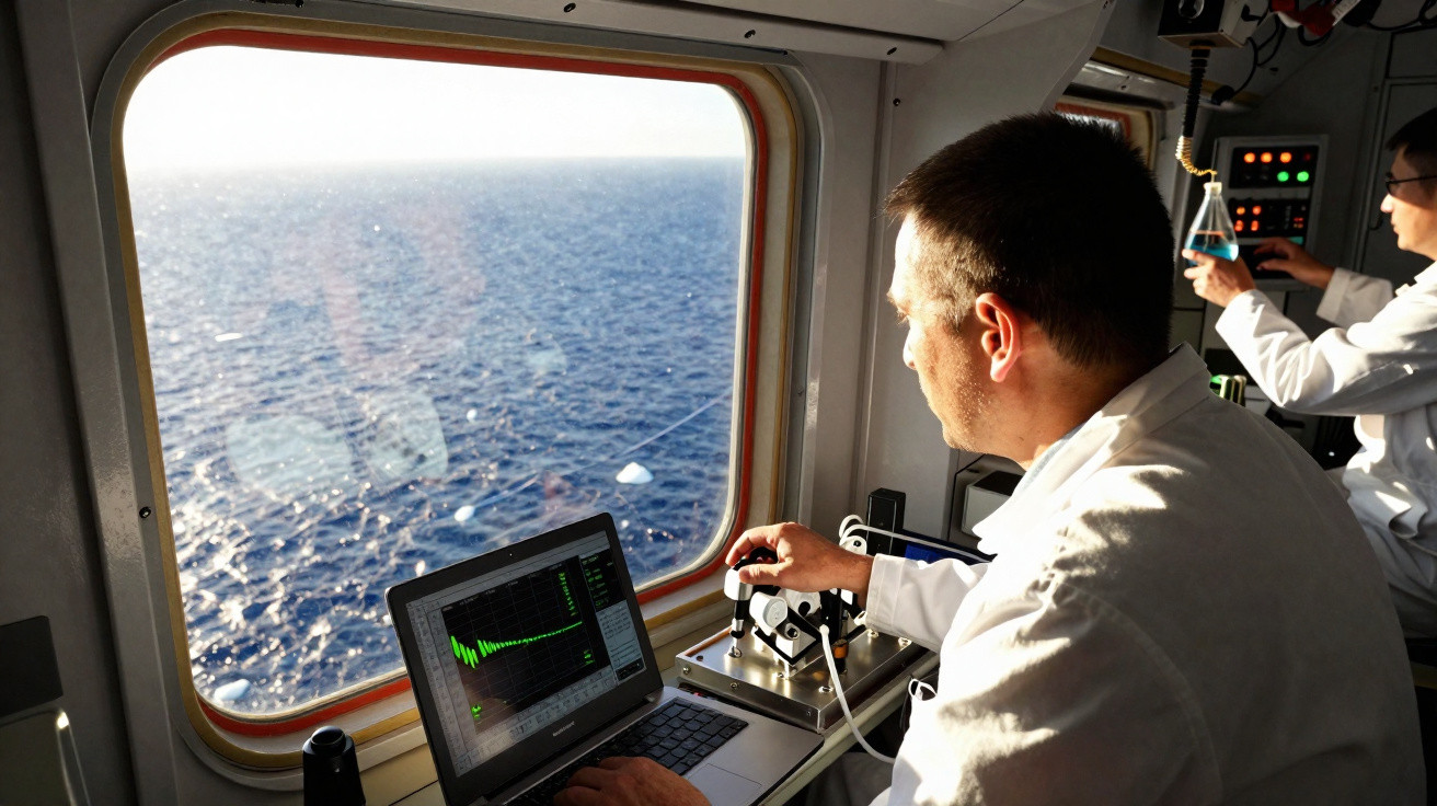 Cientista a usar equipamento no interior de um barco, com vista para o mar pela janela.