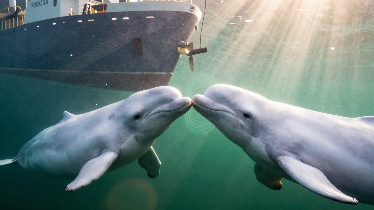 Dois golfinhos-nariz-de-garrafa tocam os focinhos debaixo de água com sol a incidir e barco ao fundo.