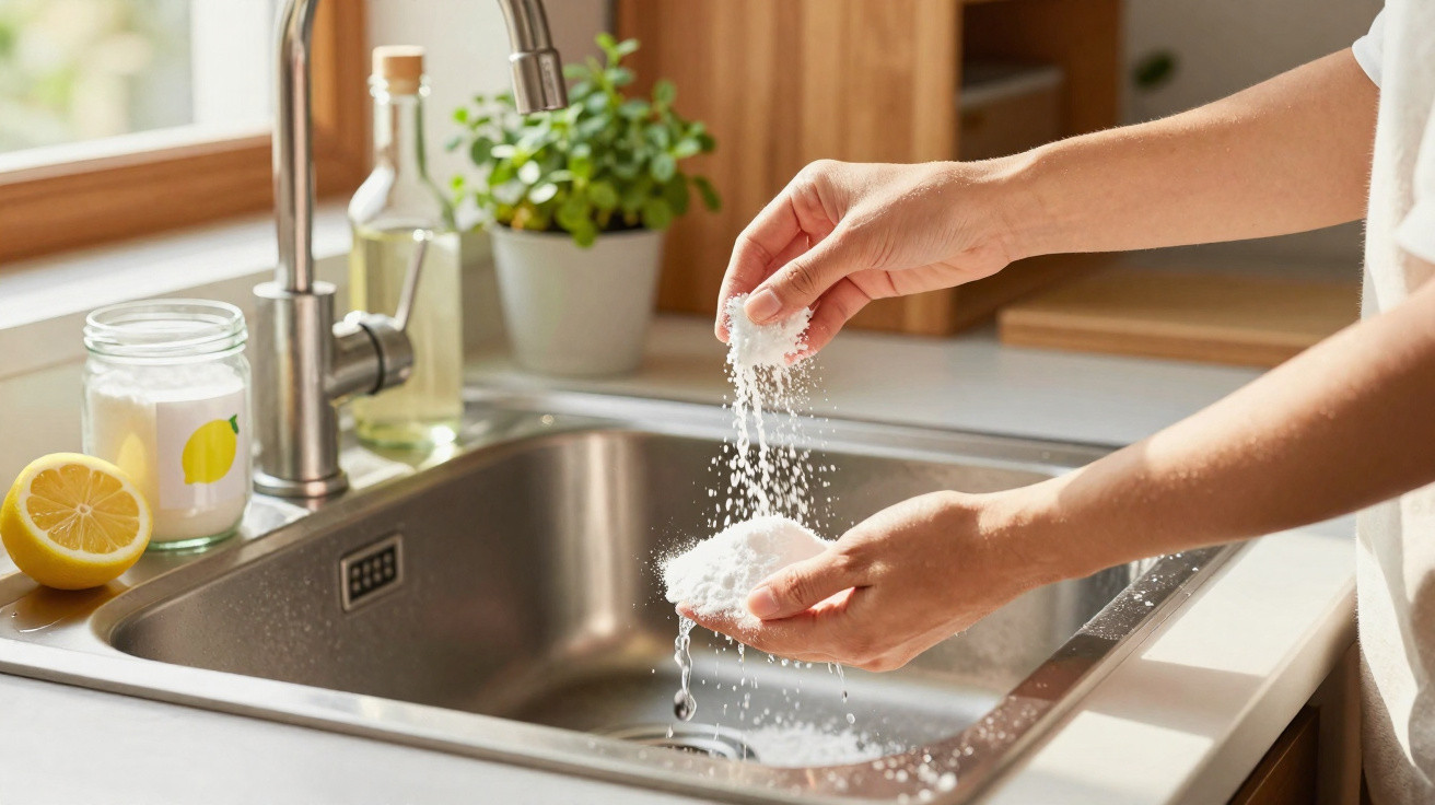 Mãos a lavar uma esponja branca de cozinha na pia com elementos de limpeza e um limão junto à janela.